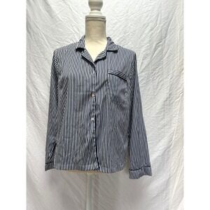 ISAAC MIZRAHI SLEEPWEAR Womens Pajama Top Navy White Stripe Button Up Medium